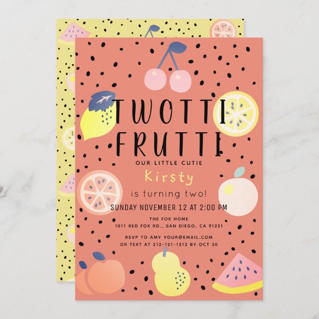 Twotti Frutti Fruit Orange 2nd Birthday Invitation (Front/Back)