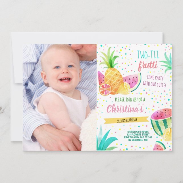 Twotti Frutti Girl 2nd Birthday Custom Photo Invitation (Front)