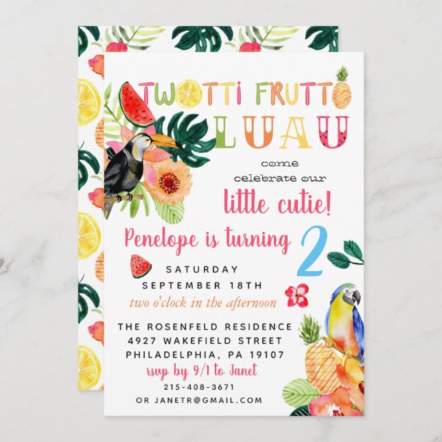 Twotti Frutti Luau Birthday Party Invitation (Front/Back)