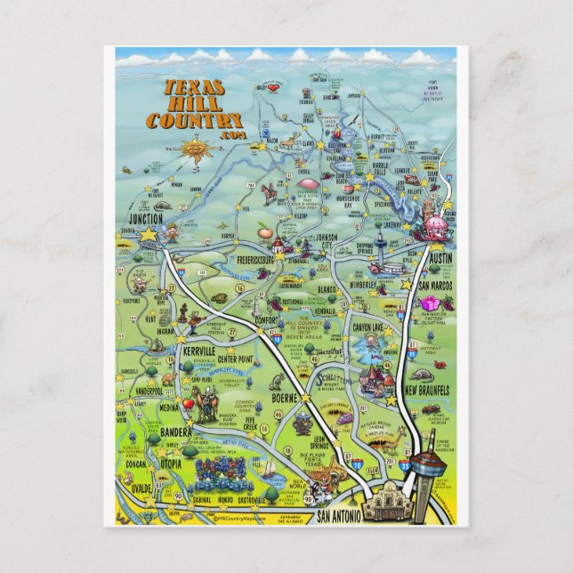 TX Hill Country Cartoon Map Postcard (Front)