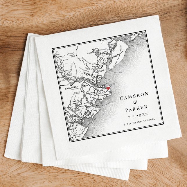 Tybee Island Georgia Map Elegant Wedding Napkin (Elegant Tybee Island Georgia Wedding cocktail napkins with black and white map )