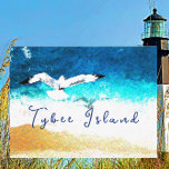 Tybee Island Georgia Seagull Soaring over Beach Postcard<br><div class="desc">This Georgia coast vacation postcard shows a tranquil beach scene. A seagull soars over beautiful ocean waves. The sky is ultramarine, blending into the aqua blue water. Tybee Island, in bright vivid blue script, is below the majestic bird. The golden sand looks warm, and you can imagine the sun shining...</div>