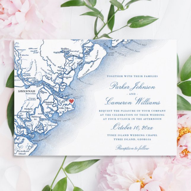 Tybee Island Map Navy Blue Wedding Invitation (Elegant Tybee Island Georgia Wedding Invitation with navy blue map from Coastal Map Designs)