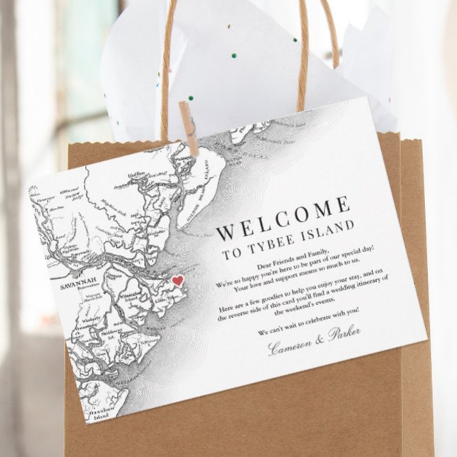 Tybee Island Wedding Welcome Itinerary Thank You Card (Elegant Tybee Island Georgia Wedding Weekend Itinerary Card and Welcome letter in black and white )