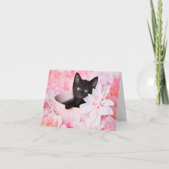 Tye Black Kitten Pink Floral blank notecard (Front)