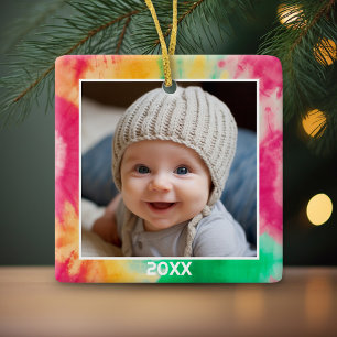 Tye Dye Border with Photo and Year - Red Green Ceramic Ornament