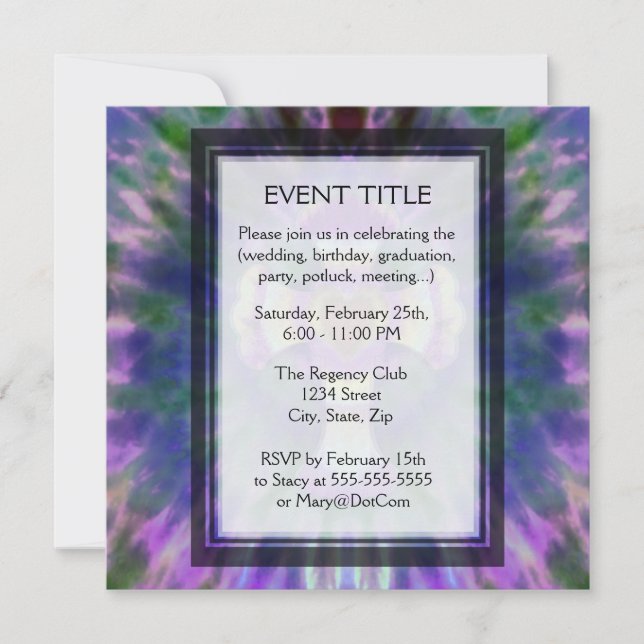 Tye Dye Cross with Heart Centre in Purple, Blue Invitation (Front)