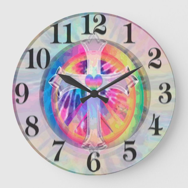 Tye Dye Cross with Heart in Centre Large Clock (Front)