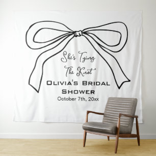 Tying Knot Black Bow Bridal Shower Photo Backdrop Tapestry