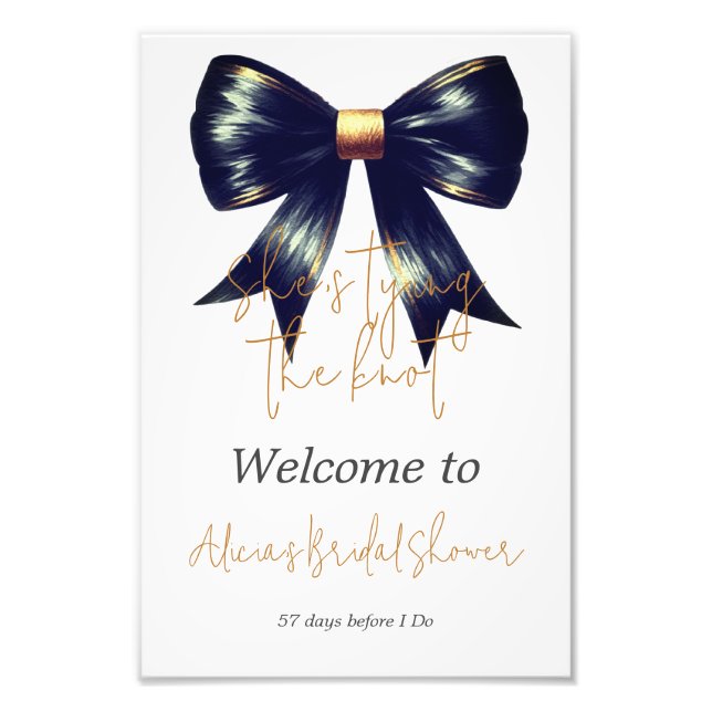 Tying Knot Gold Black Bow Bridal Shower Welcome Photo Print (Front)
