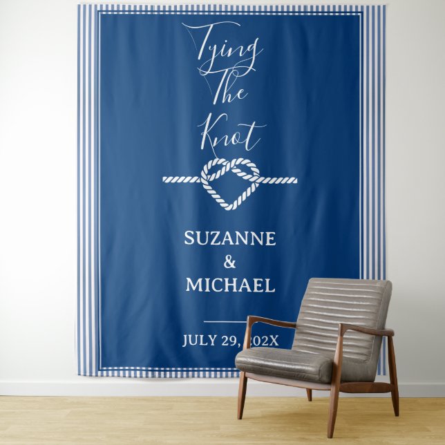 Tying Knot Nautical Navy Blue Photo Backdrop Tapestry (In Situ)
