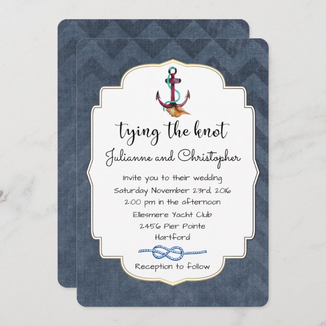 Tying The Knot Anchor with Nautical Theme Wedding Invitation (Front/Back)