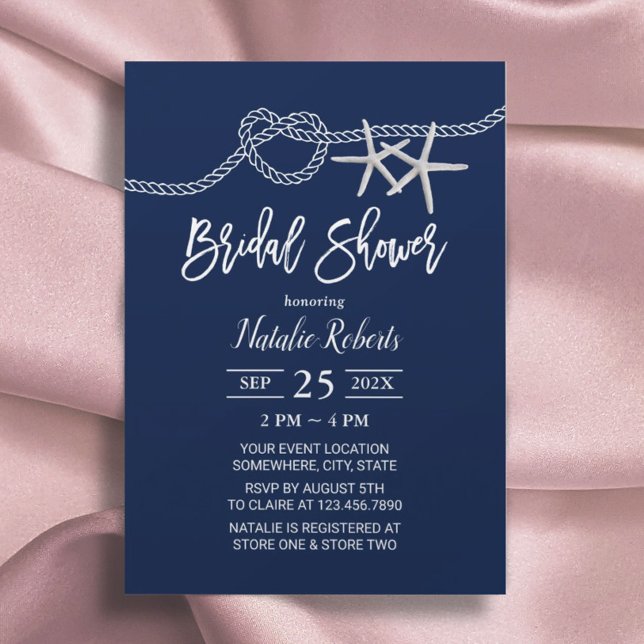 Tying the Knot Beach Starfish Navy Bridal Shower Invitation (Creator Uploaded)
