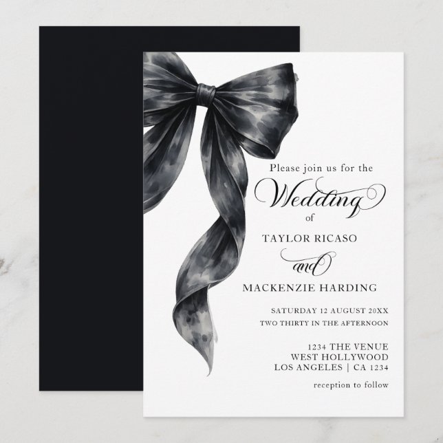 Tying the Knot Black Ribbon Watercolor Wedding Invitation (Front/Back)
