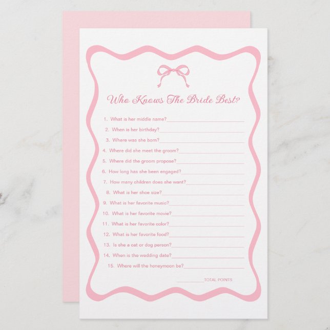 Tying the Knot Bridal Shower Who Knows Bride Game (Front/Back)