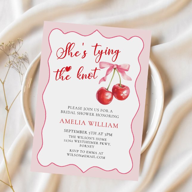 Tying the Knot Chic Modern Cherry Bridal Shower Invitation (Creator Uploaded)