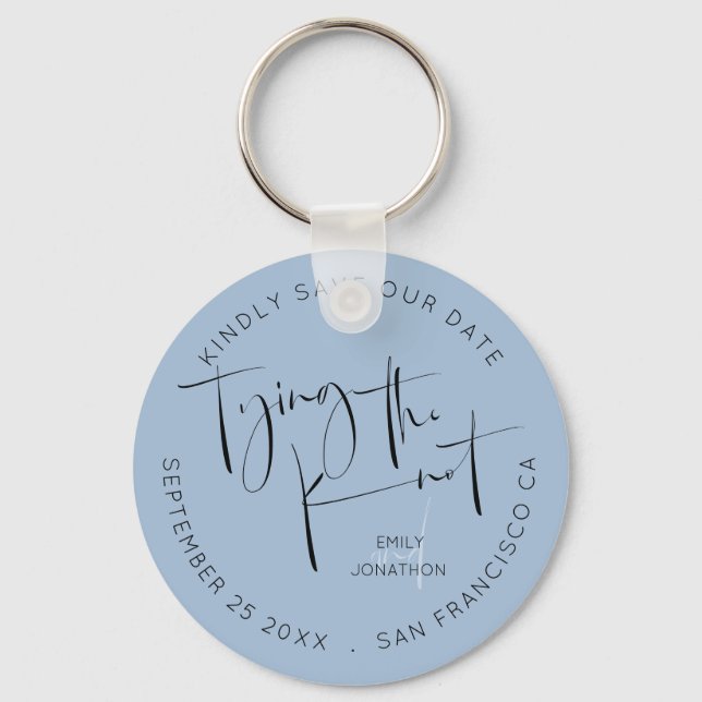Tying The Knot Dusty Blue Keepsake Save The Date Key Ring (Front)