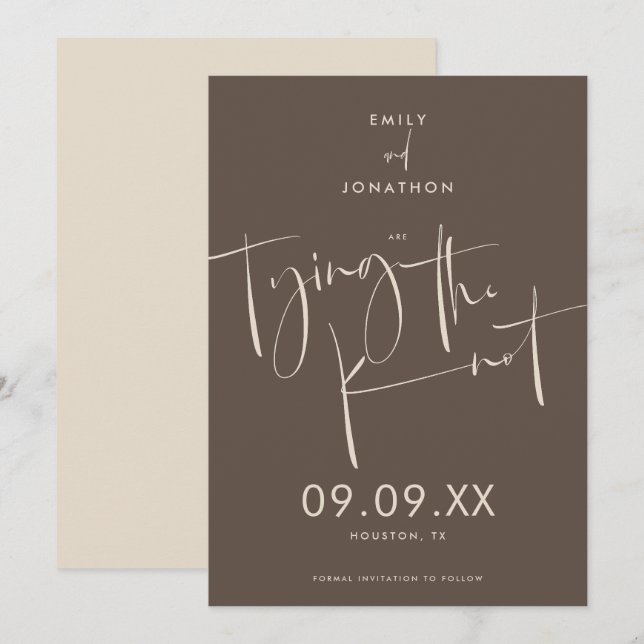 Tying the Knot Elegant Script Cream Brown Save The Date (Front/Back)