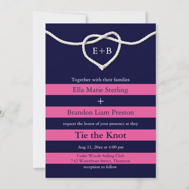 Tying the Knot Fuchsia & Navy Wedding Invitation (Front)