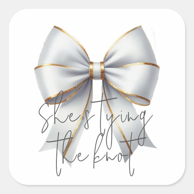 Tying the Knot Gold White Bow Bridal Shower Square Sticker (Front)