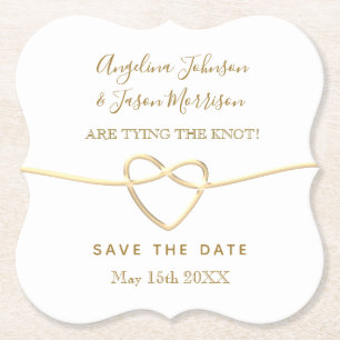 Tying The Knot Gold & White Wedding Save The Date Paper Coaster