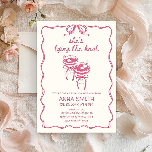 Tying the Knot Hand-drawn Coquette Bridal Shower Invitation (She's tying the knot Coquette Pink Bow Bridal Shower Elegant Feminine Hand Drawn)