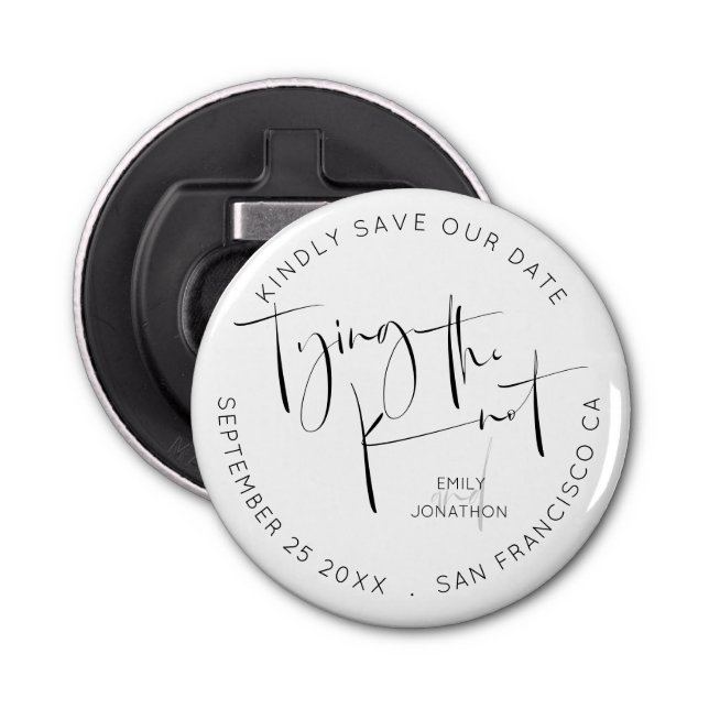 Tying The Knot Keepsake Black White Save The Date Bottle Opener (Front)