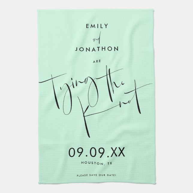 Tying the Knot Mint Green Script Save the Date Tea Towel (Vertical)