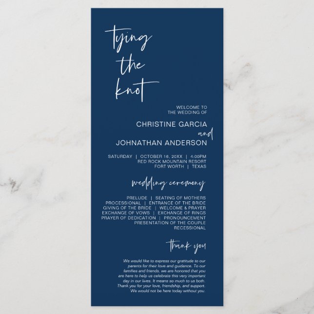 Tying the knot, Modern Navy Blue Wedding Program Programme (Front)