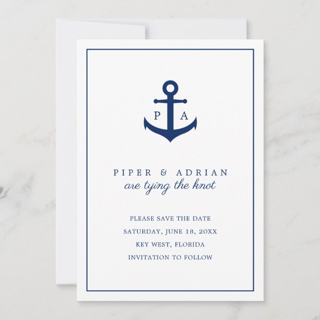 Tying the Knot Monogram Navy Blue Anchor Nautical Save The Date (Front)
