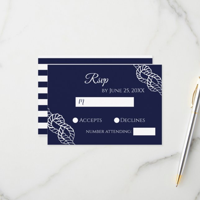 Tying The Knot Nautical Rope White & Navy Wedding RSVP Card (Front/Back In Situ)