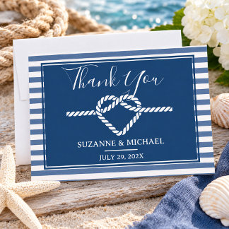 Tying the Knot Nautical Stripes Navy Blue Wedding Thank You Card