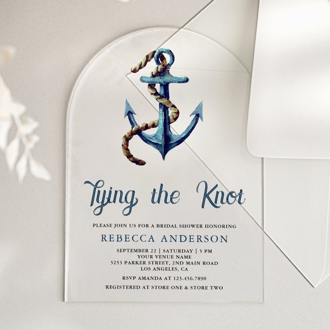 Tying the Knot Navy Blue Anchor Rope Bridal Shower Acrylic Invitations (Creator Uploaded)