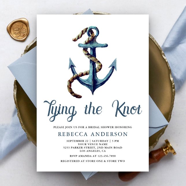 Tying the Knot Navy Blue Anchor Rope Bridal Shower Invitation (Creator Uploaded)
