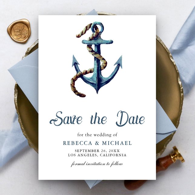 Tying the Knot Navy Blue Anchor Rope Wedding Save The Date (Creator Uploaded)