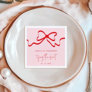 Tying the Knot Pink Red Bow Modern Wedding Napkin