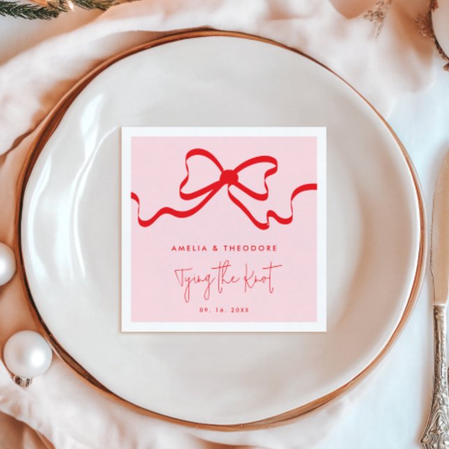 Tying the Knot Pink Red Bow Modern Wedding Napkin (Creator Uploaded)
