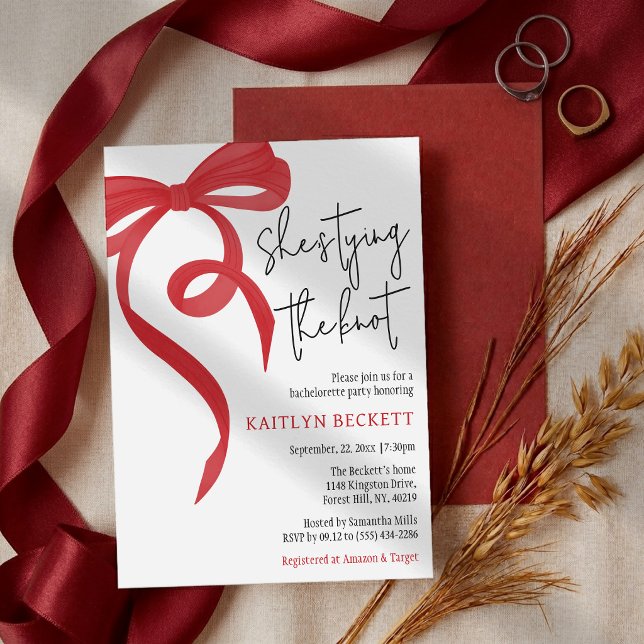Tying the Knot Red Coquette Bow Bachelorette Party Invitation (Creator Uploaded)