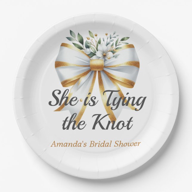 Tying the Knot White Bow Floral Bridal Shower Paper Plate (Front)
