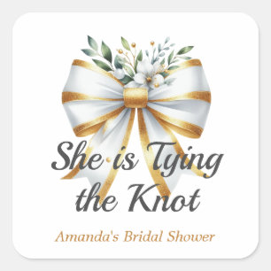 Tying the Knot White Bow Floral Bridal Shower Square Sticker