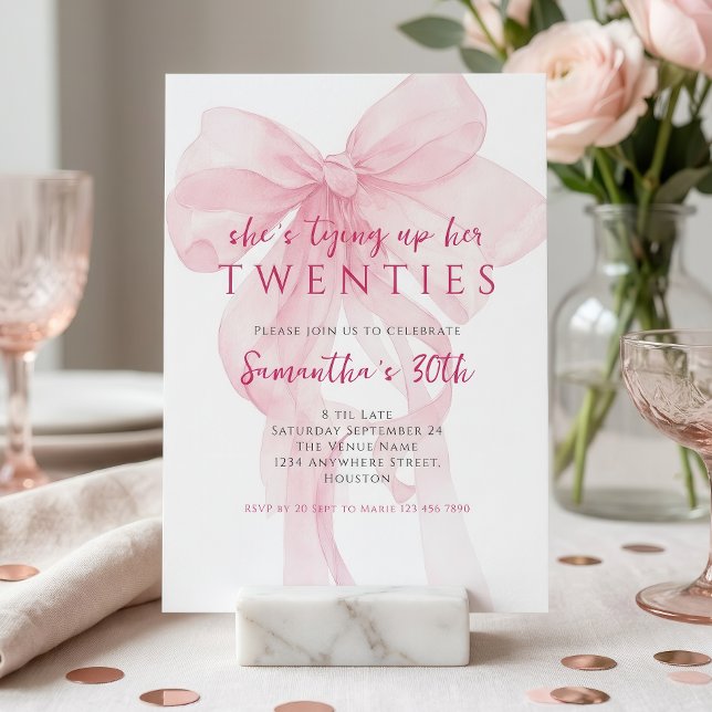 Tying Up Her 20s Pink Bow 30th Birthday Invitation (Creator Uploaded)