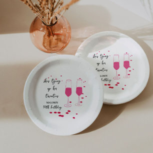 Tying Up Her Twenties Pink Champagne 30th Birthday Paper Plate