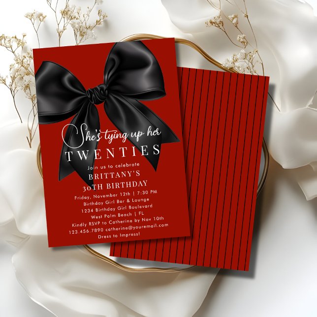Tying Up My 20s Deep Red Black Bow 30th Birthday Invitation (Creator Uploaded)
