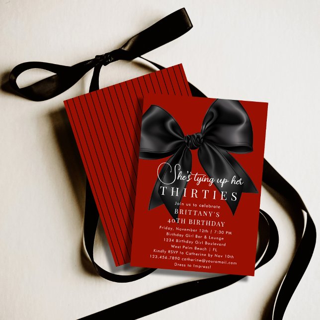 Tying Up My 30s Deep Red Black Bow 40th Birthday Invitation (Creator Uploaded)