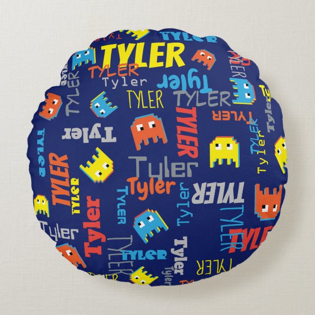 Tyler custom name pixel gaming blue graphic round cushion (Front)