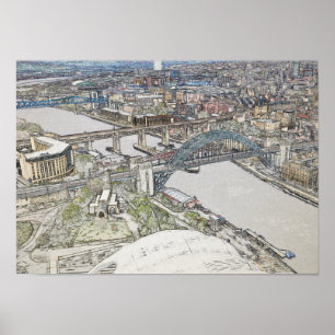 Tyne Bridge Newcastle Skyline Sketch Art Poster