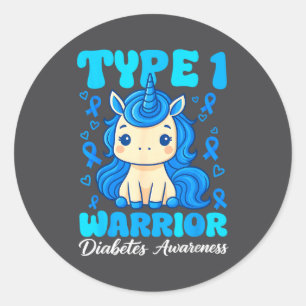 Type 1 Diabetes Cute Unicorn Warrior Boys Girls T1 Classic Round Sticker