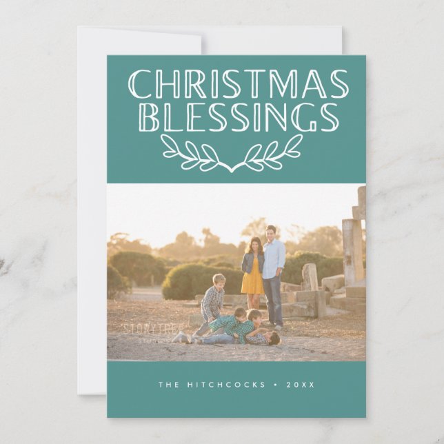 Type & Bough Modern Blessings Teal Photo Holiday Card (Front)