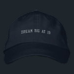 Type Your Own Dream Big at 19 Text Modern-Hat Navy Embroidered Hat<br><div class="desc">Step confidently into your nineteenth year with this Navy Alternative Apparel Basic Adjustable Cap featuring inspiring “Dream Big at 19” embroidery that blends motivation with modern style. The one-size-fits-all adjustable strap provides a relaxed and secure fit, making it perfect for birthday celebrations, college events, photoshoots, or casual everyday wear. Order...</div>