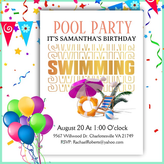 Typeography Word Art Pool Party Birthday Invitation (Creator Uploaded)